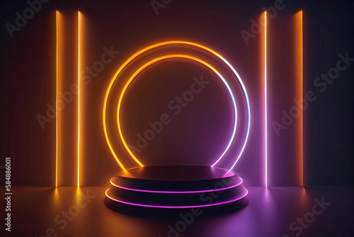 Abstract neon squares background design. Stage with glowing lines, tunnel, neon lights, virtual reality, abstract background. Generative AI.