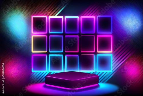 Abstract neon squares background design. Stage with glowing lines  tunnel  neon lights  virtual reality  abstract background. Generative AI.