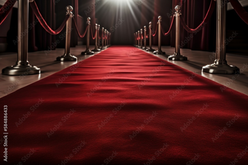 Luxury red carpet with selective focus. Blurred defocused background as copy space. AI generated, human enhanced Luxury red carpet with selective focus. Blurred defocused background as copy space. AI generated, human enhanced