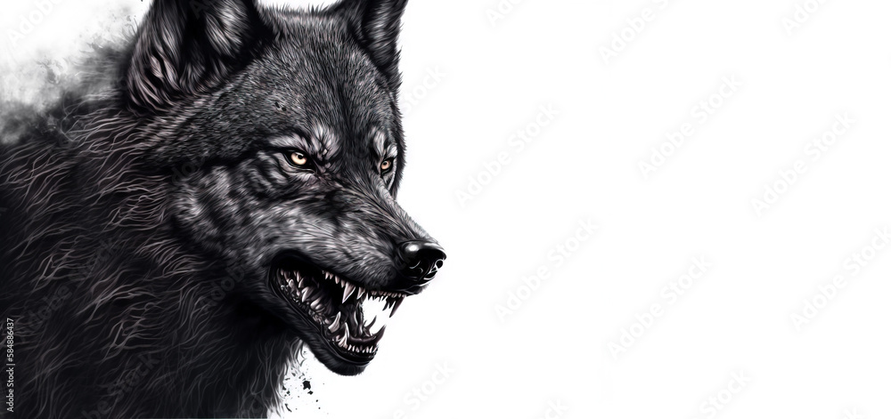 Generative AI, Watercolor Art of an Aggressive Black Wolf Showing Teeth and Growling. A Wild and Intense Portrait of Fear and Ferocity.