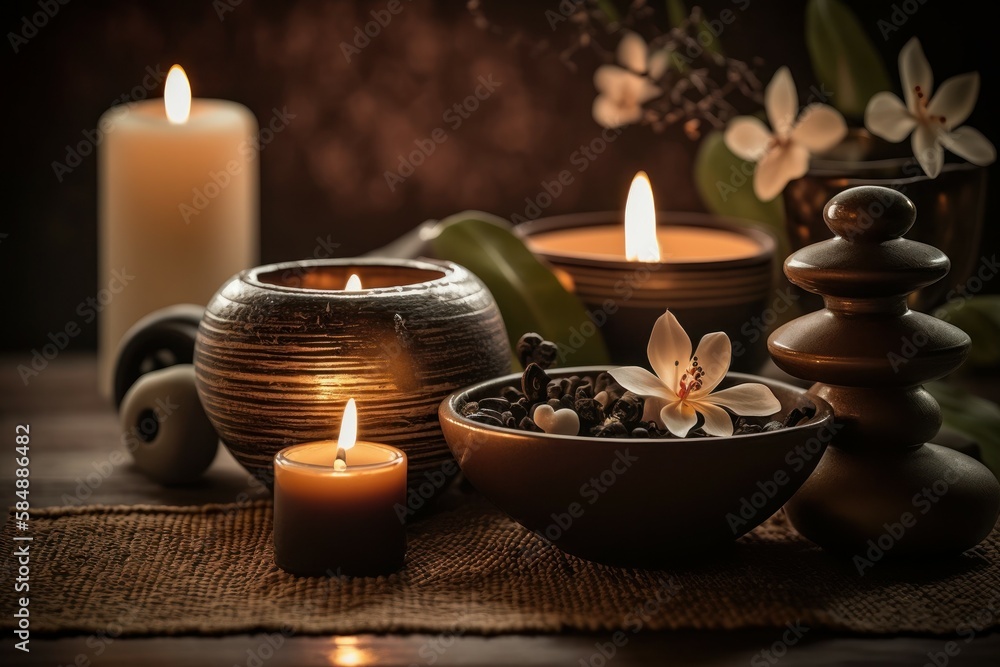 Spa setting with aromatic candles. Romantic atmosphere. Background with selective focus. AI generated Spa setting with aromatic candles. Romantic atmosphere. Background with selective focus. AI generated