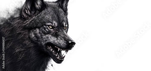 Generative AI, Watercolor Art of an Aggressive Black Wolf Showing Teeth and Growling. A Wild and Intense Portrait of Fear and Ferocity.