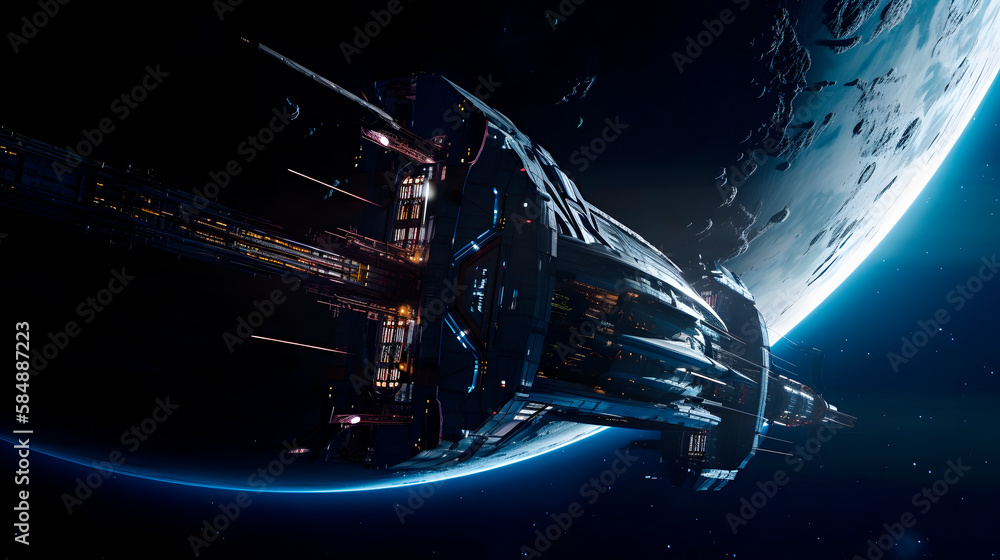 An intergalactic spaceship powered by a sustainable energy source, capable of traveling faster than the speed of light, docked at a space station orbiting a distant planet An intergalactic spaceship powered by a sustainable energy source, capable of traveling faster than the speed of light, docked at a space station orbiting a distant planet