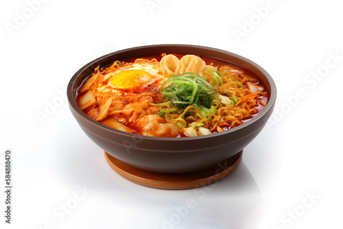 Korean instant noodle with tteokbokki and sunny side up in korean spicy isolated on white background. Created with Generative AI Technology