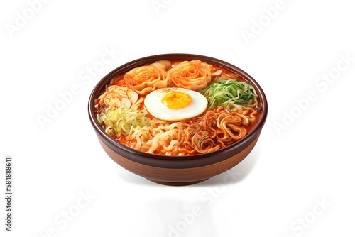 Korean instant noodle with tteokbokki and sunny side up in korean spicy isolated on white background. Created with Generative AI Technology photo