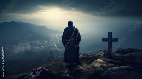 Fotografie, Obraz Priest with Rosary and Cross on Desolate Highway Generative AI