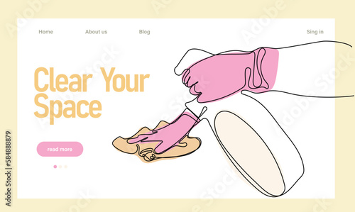 Home cleaning service landing page design concept, illustration of janitors with cleaning tools. Vector illustration