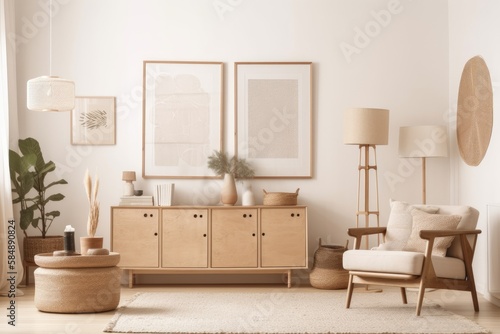 Modern beige living room with mock up poster frame, wooden sideboard, armchair, and boho decorations. Copies. Template. Generative AI