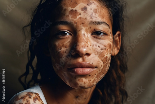Young african american woman with vitiligo. Inclusion concept. Different. Generative AI. photo