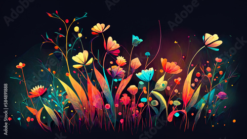 Abstract flower meadow, vibrant floral background illustration © Caseyjadew