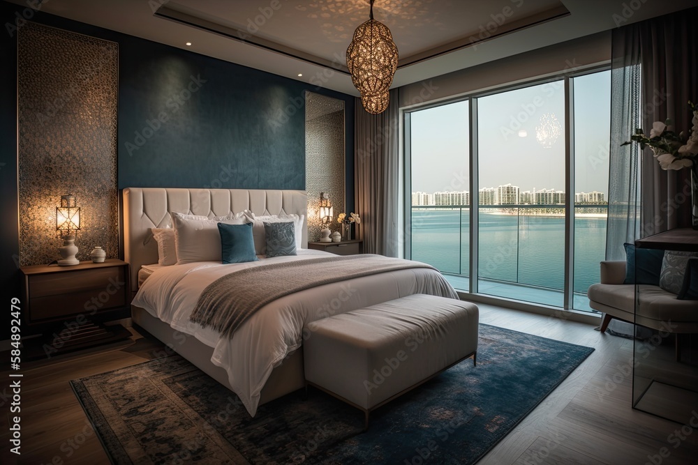 Dubai, UAE 03 06 2020 Serenia Residences apartment bedroom on Palm Jumeirah's east crescent, Dubai. Generative AI Dubai, UAE 03 06 2020 Serenia Residences apartment bedroom on Palm Jumeirah's east crescent, Dubai. Generative AI