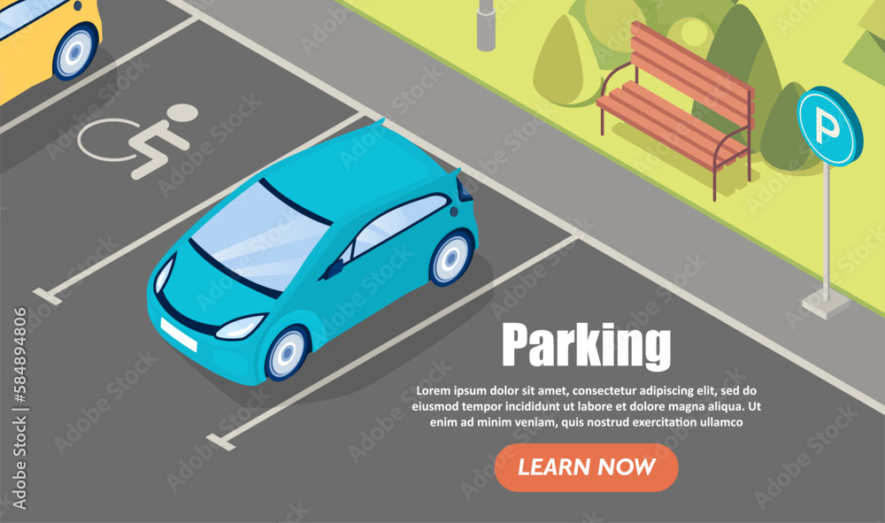 Parking with car concept. Urban infrastructure, place for transport and vehicles. Travel park place on rest area near road highway to city. Cartoon isometric vector illustration Parking with car concept. Urban infrastructure, place for transport and vehicles. Travel park place on rest area near road highway to city. Cartoon isometric vector illustration