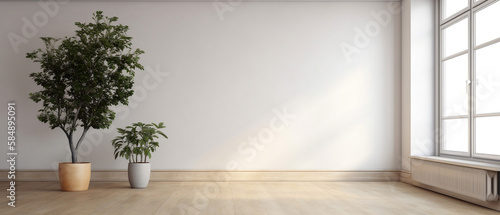 Interior background of empty room with white wall and and potted plant