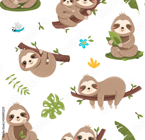 Sloth seamless pattern. Repeating design element for printing on fabric. Tropical and exotic animal on branch. Nature and wild life, flora and fauna. Cartoon flat vector illustration