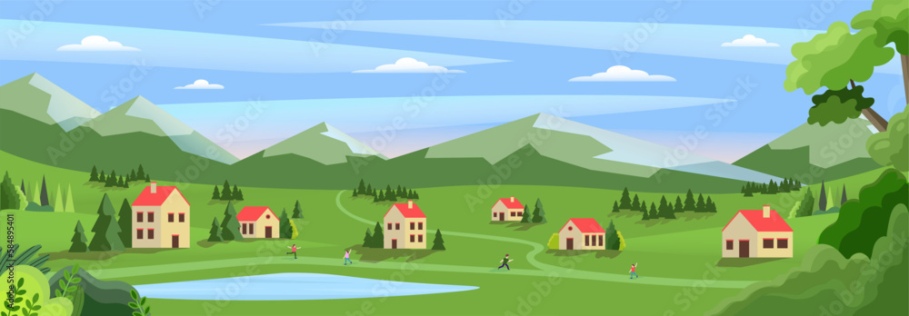 Summer panorama concept. Rural and beautiful natural landscape. People near houses on green meadow against backdrop of mountain. Lovely small town. Cartoon flat vector illustration