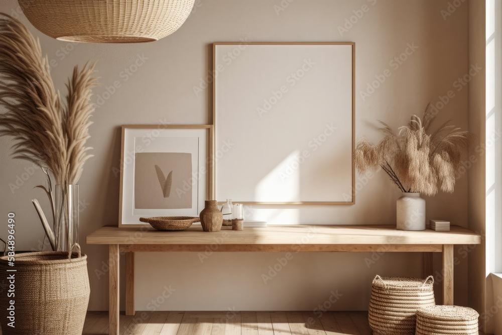 Mockup frame in minimally decorated house interior,. Generative AI