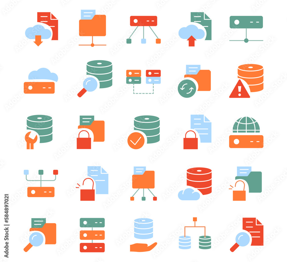 Database and data technology color icons set. Cloud storage of information and protection of personal data. Access to corporate servers. Cartoon flat vector illustrations isolated on white background Database and data technology color icons set. Cloud storage of information and protection of personal data. Access to corporate servers. Cartoon flat vector illustrations isolated on white background