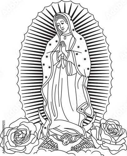 Virgen Mary Our Lady of Guadalupe , black white vector