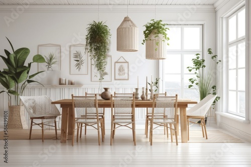 Wicker furnished coastal dining room. White wall mockup with warm house setting. Hamptons illustration. Generative AI