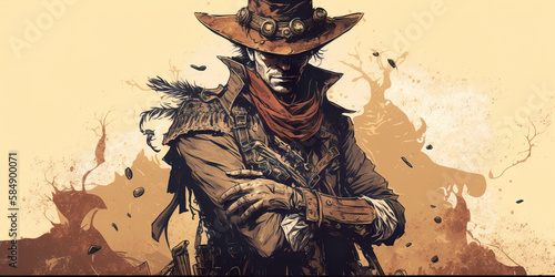 Wild West Gunslinger with Six-Shooter and Cowboy Hat Generative AI photo
