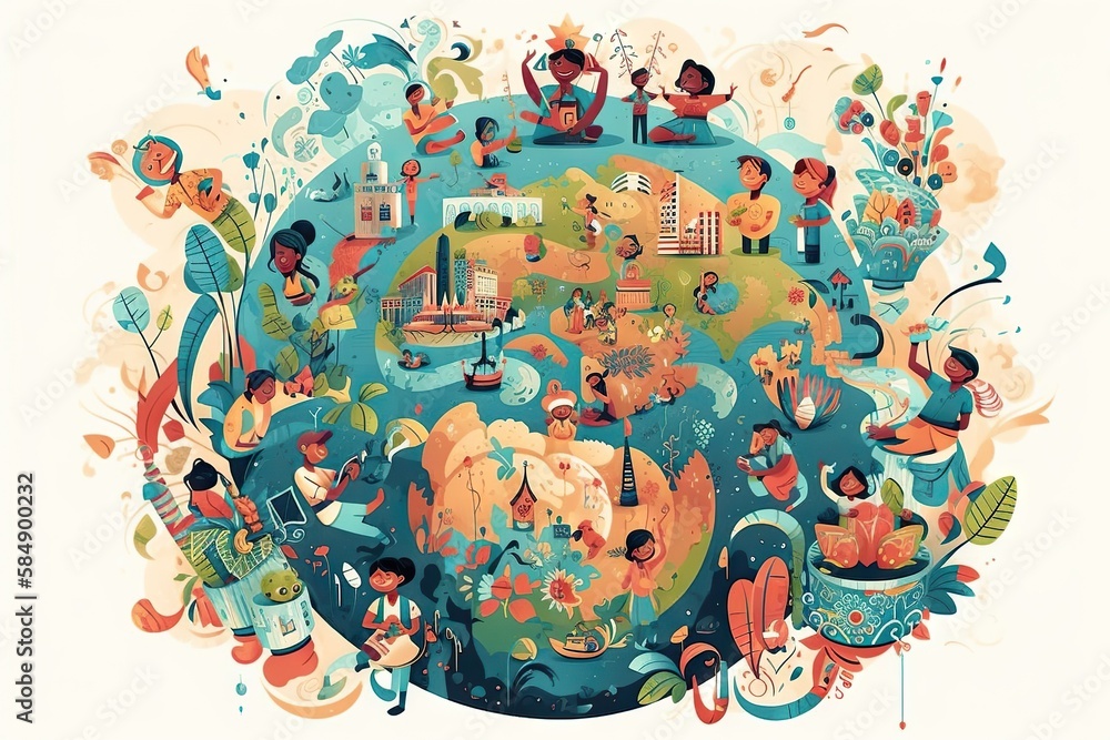A Colorful Illustration Of People Around The World In A Circle With A ...