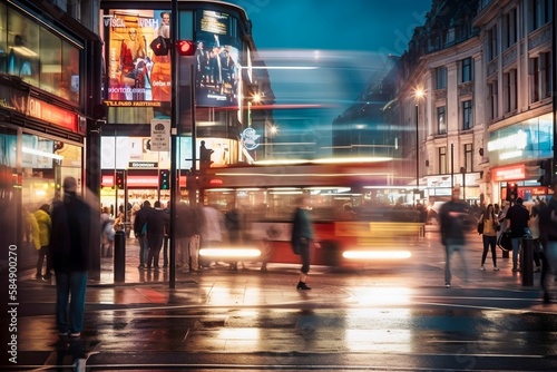 Bustling busy city street dynamic movement. Generative AI