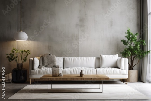 White couch over concrete wall living room design. Elegant home decor. Generative AI