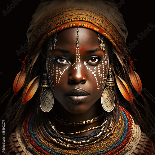 the face of affrican woman with expresive features during a tribal ceremony photo