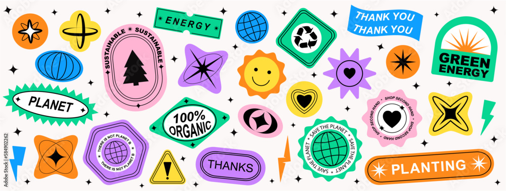 Set Collection of elements patches, labels, tags, stickers, and stamps. Zero waste, Planet, plants, recycle, save the planet. Vector set, trendy	
