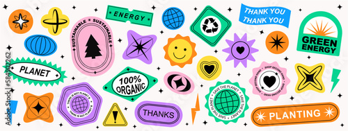 Set Collection of elements patches, labels, tags, stickers, and stamps. Zero waste, Planet, plants, recycle, save the planet. Vector set, trendy	

