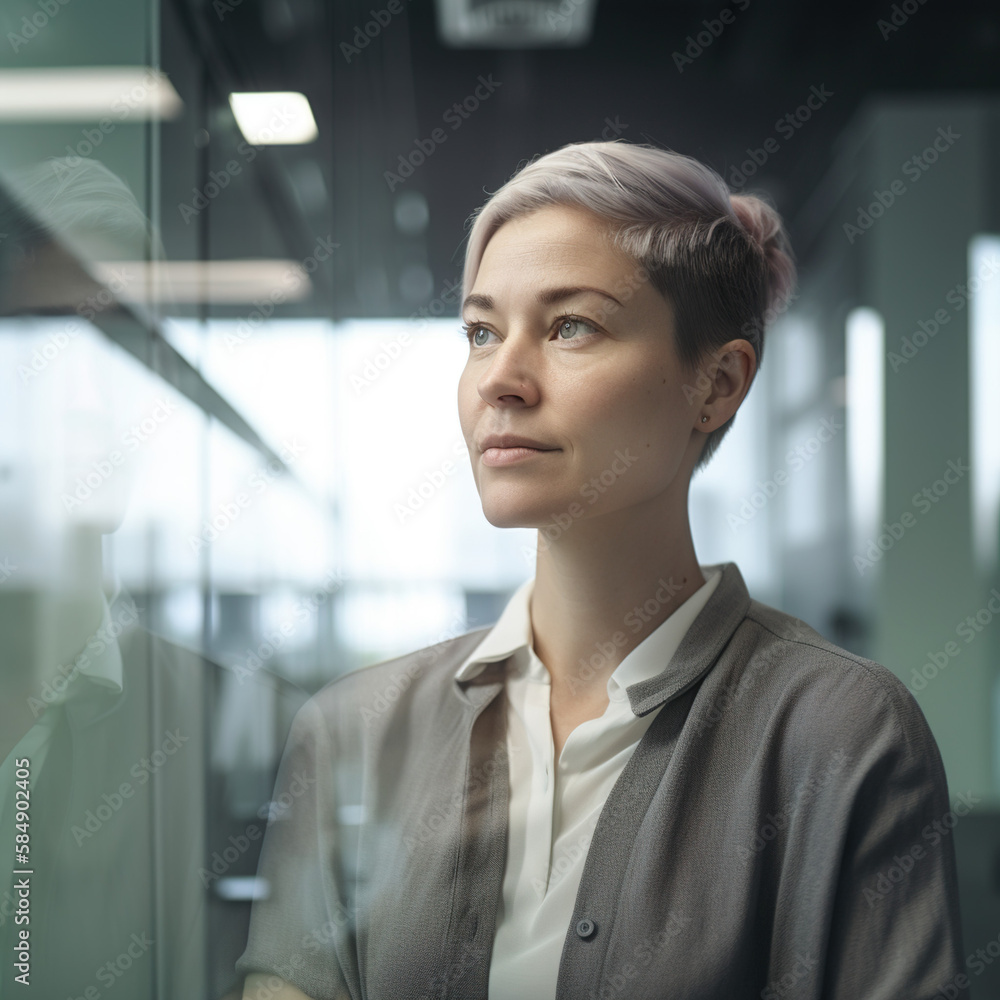 Young businesswoman with short hair standing confidently in an office, generative AI Young businesswoman with short hair standing confidently in an office, generative AI