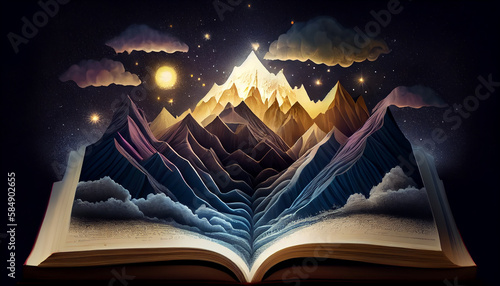 book open with mountains scene ,generative AI