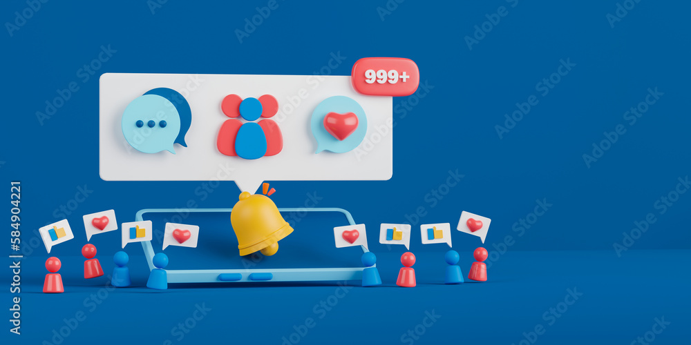 Social media or network concept. 3d render smartphone with social network notification banner and bell icon. Social media or network concept. 3d render smartphone with social network notification banner and bell icon.