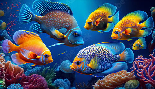 Multi colored fish swimming in a vibrant coral reef ,generative AI