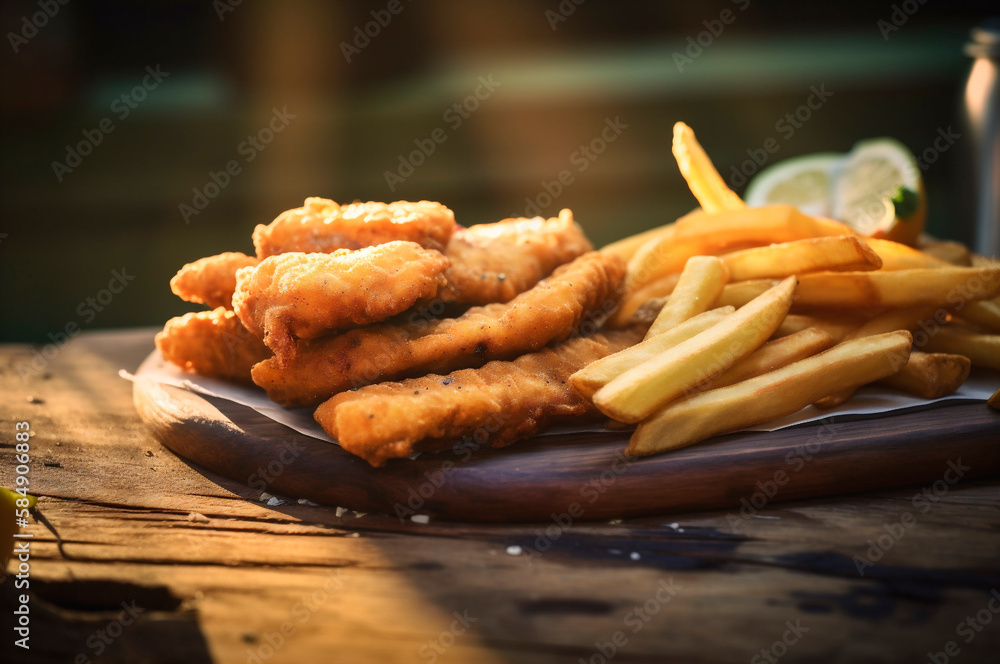 crispy fried fish strips with french fries on rustic wooden table. AI generated crispy fried fish strips with french fries on rustic wooden table. AI generated