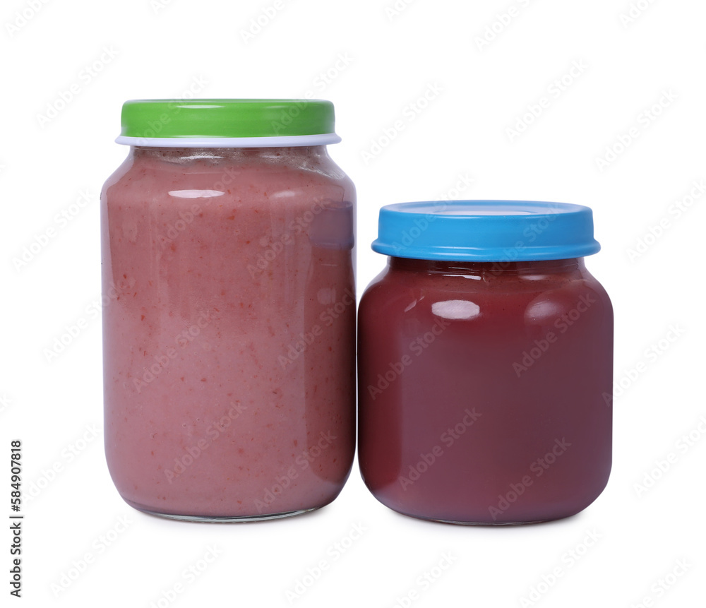 Glass jars with healthy baby food isolated on white Glass jars with healthy baby food isolated on white
