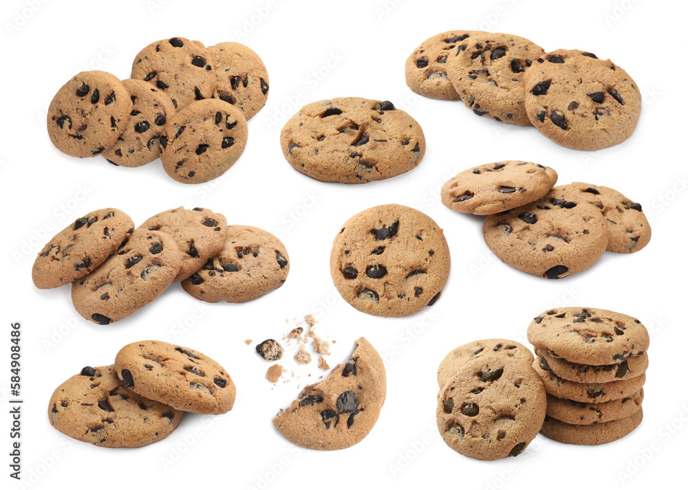 Tasty chocolate chip cookies on white background, collage design Tasty chocolate chip cookies on white background, collage design