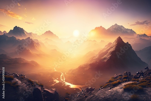A Mountain Landscape With A River Running Through It At Sunset Or Sunrise Mountain Range At Sunrise Landscape Photography Mountains Generative AI 