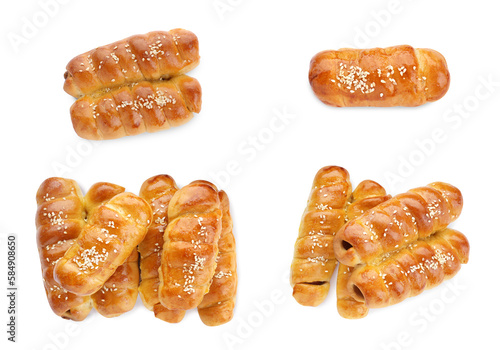 Collage of tasty sausages in dough on white background, top view