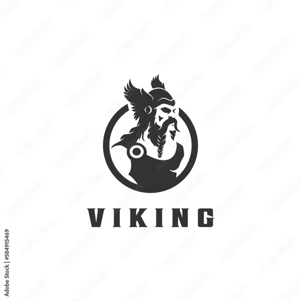 Viking logo design. Nordic warrior symbol. Horned Norseman emblem. Barbarian man head icon with
