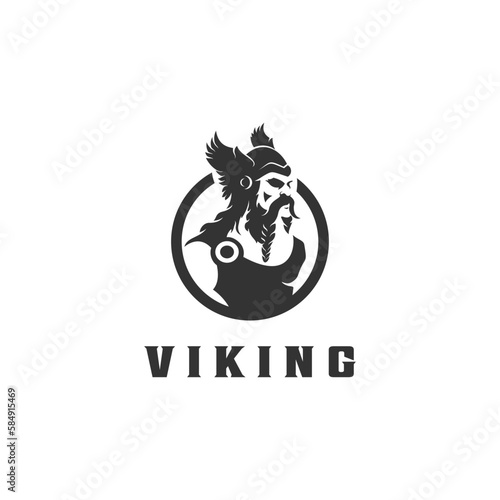 Viking logo design. Nordic warrior symbol. Horned Norseman emblem. Barbarian man head icon with horn helmet