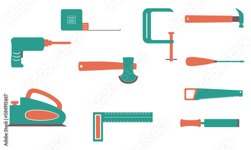 Woodworker icon set: saw, hammer, axe, slider, G clamp,  Measure tape - Vector 