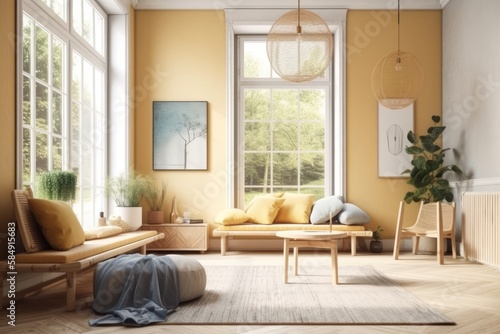Natural furnishings and huge window in living room. Excellent illustration. Boho interior wall mockup. Generative AI