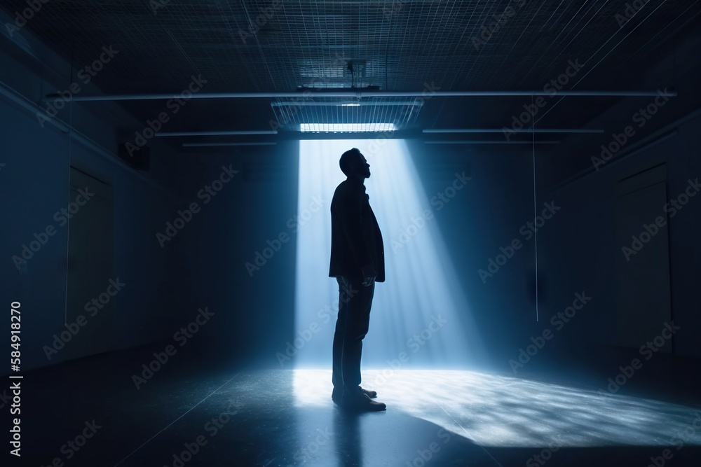 A Man Standing In A Dark Room With A Light Coming From The Ceiling ...