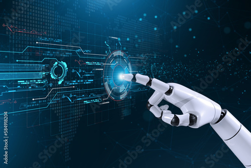 AI, Machine Learning, robot and human hands touching on big data network connection background, Artificial intelligence, machine learning, internet business, technology concept.