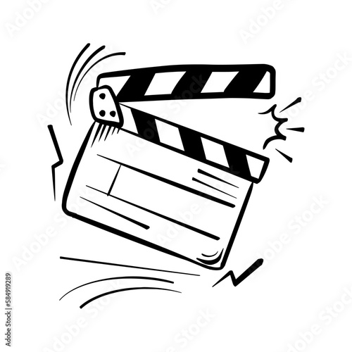 Movie clapperboard doodle icon. The board clap to start the video clip scene.