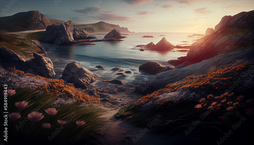 Nature beauty serene seascape at dusk Cliff water ,generative AI