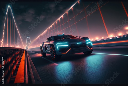 Cyber neon driving green power sport car with hybrid technology automotive. Concept of light glowing on dark city view in night life. Finest generative AI.