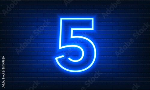 Number Five neon sign on brick wall background. Vintage blue electric signboard with bright neon light inscription. Fifth, Number 5 template icon, neon banner, nightly advertising. Vector illustration