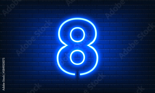 Number Eight neon sign on brick wall background. Vintage blue electric signboard with bright neon light inscription. Eighth, Number 8 template icon, neon banner,nightly advertising.Vector illustration